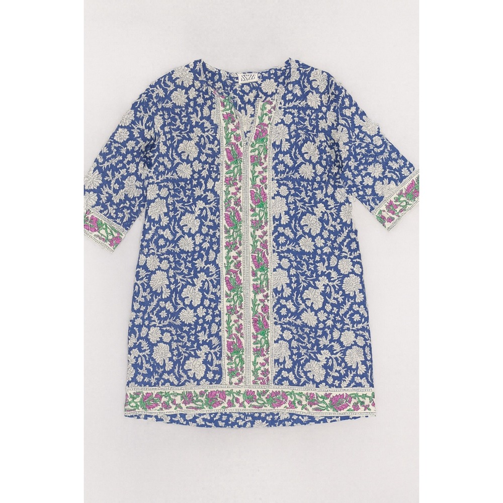 SZ Blockprints Women's Blue Floral Print Dress Tunic Cover Up Bohemian- Medium